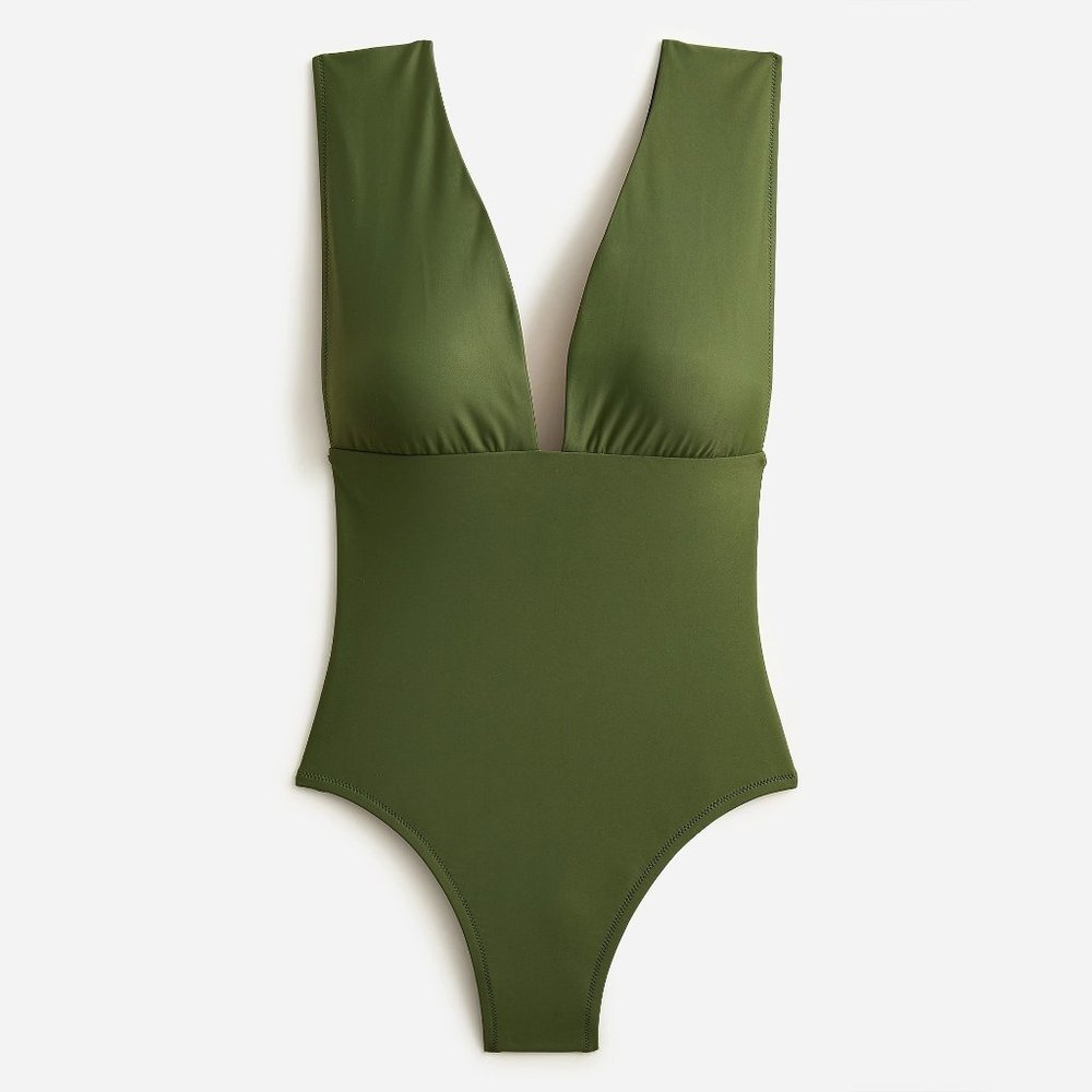 J CREW V-Neck Plunge One-Piece Swimsuit Safari Green 14 NWT $98 - Picture 1 of 5